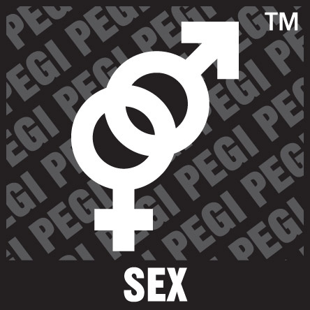 PEGI-symboli seksuaalisuudesta kuvaohjelmissa tai peleissä.