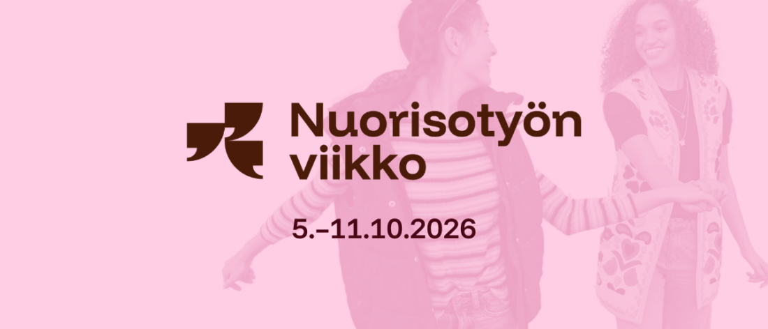 Mainos Nuorisotyön viikolle 5.–11.10.2026. Kuvassa hymyileviä nuoria vaaleanpunaisessa sävyssä.