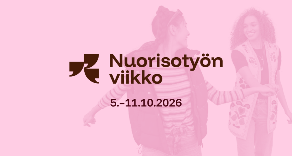 Mainos Nuorisotyön viikolle 5.–11.10.2026. Kuvassa hymyileviä nuoria vaaleanpunaisessa sävyssä.